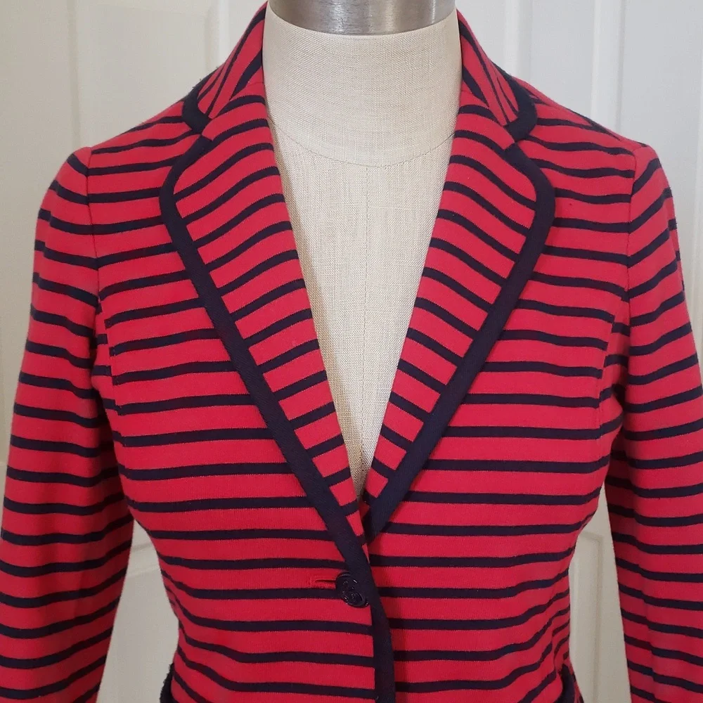 💐 TALBOTS Nautical Striped Knit Blazer Jacket Red Navy XS Petite Anchor Button - Picture 7 of 12